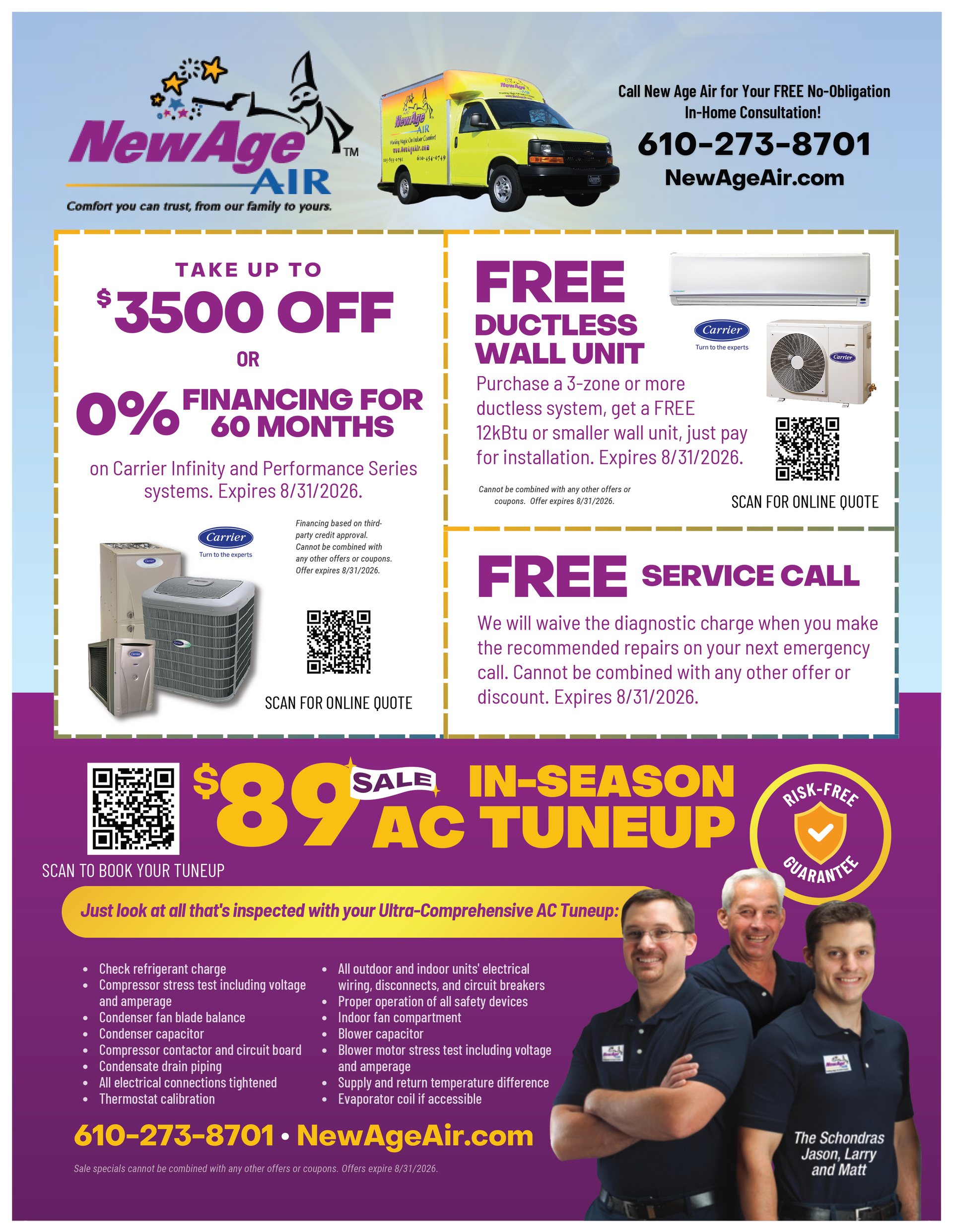 NewAge Air HVAC promo flyer in purple and white with discount offers and service call details