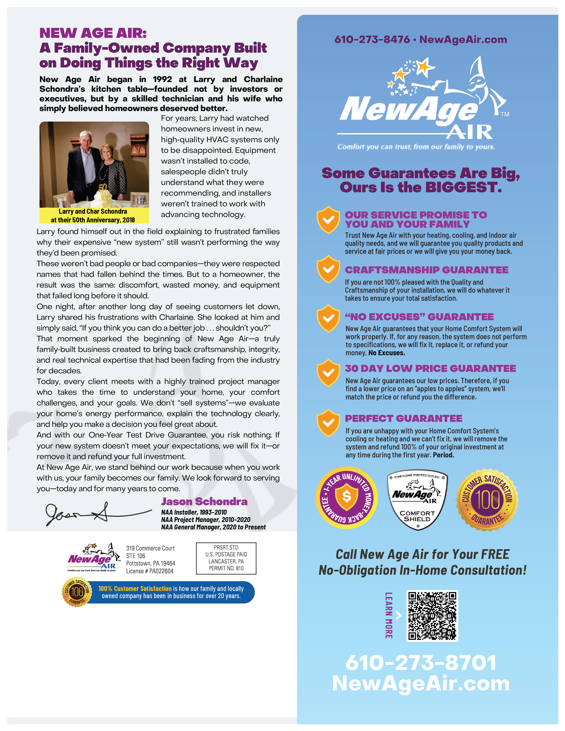 NewAge Air flyer with orange promo panel and text-heavy white ad featuring a man speaking at a podium