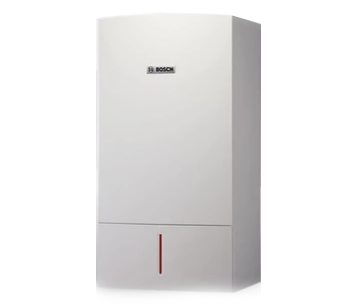 A white bosch boiler is sitting on a white surface.