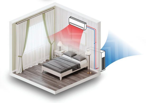 An isometric drawing of a bedroom with a bed and air conditioner.