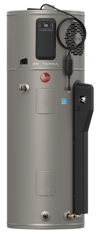 A gray electric water heater with a black cord attached to it.