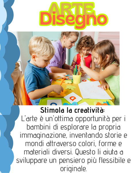 Bambini che disegnano al tavolo con un istruttore. Il testo promuove l'arte per stimolare la creatività.
