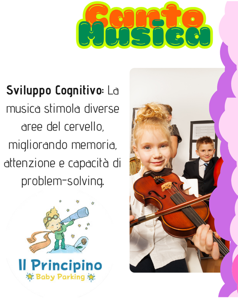 Un volantino che promuove l'educazione musicale per bambini. Una bambina suona il violino; il testo illustra i benefici cognitivi.