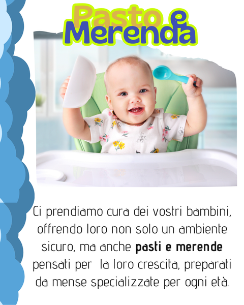 Un bambino sorridente seduto su un seggiolone tiene in mano un cucchiaio e una ciotola. Il testo sottostante pubblicizza pasti e spuntini per bambini.