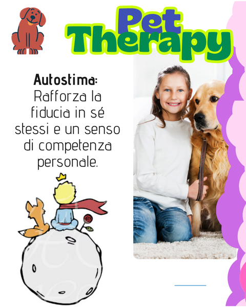 Manifesto che promuove la pet therapy: una ragazza e un golden retriever, testo sull'autostima e illustrazioni.