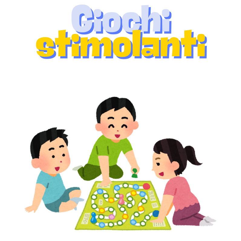 Tre bambini giocano a un gioco da tavolo. In alto c'è la scritta