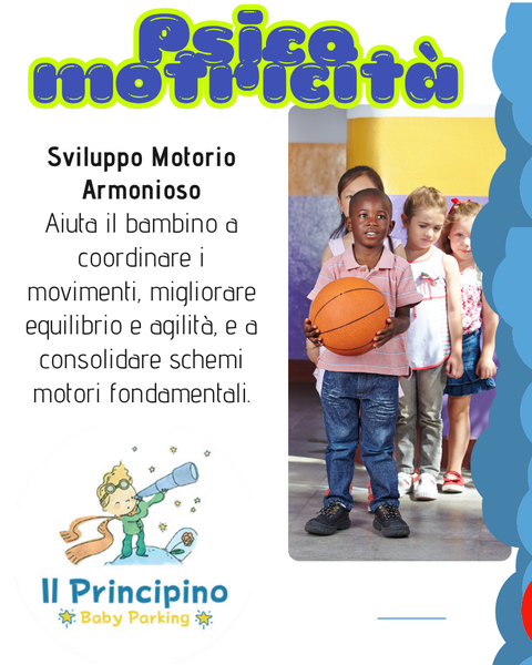 Un bambino con in mano un pallone da basket è in piedi davanti a un gruppo di bambini in classe. Il testo sopra promuove l'attività fisica.