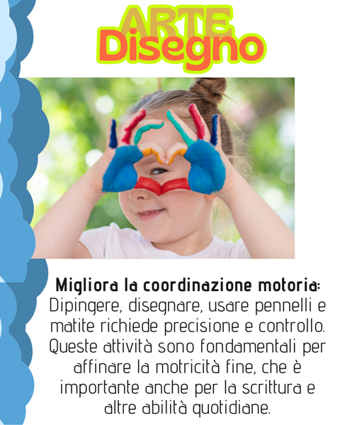 Un bambino con le mani dipinte a forma di cuore, il testo parla di disegno e arte, miglioramento delle capacità motorie, scrittura a mano e attività quotidiane.