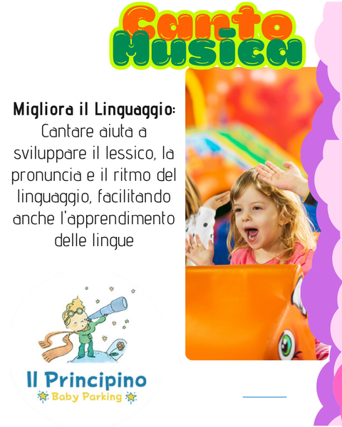 Poster: Bambina che canta. Il testo afferma che cantare migliora le competenze linguistiche, il vocabolario, la pronuncia e il ritmo. Logo