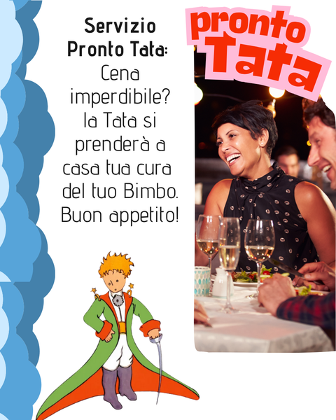 Pubblicità per un servizio di babysitting. Presenta una donna e un uomo sorridenti in un ristorante, un messaggio e un personaggio dei cartoni animati.