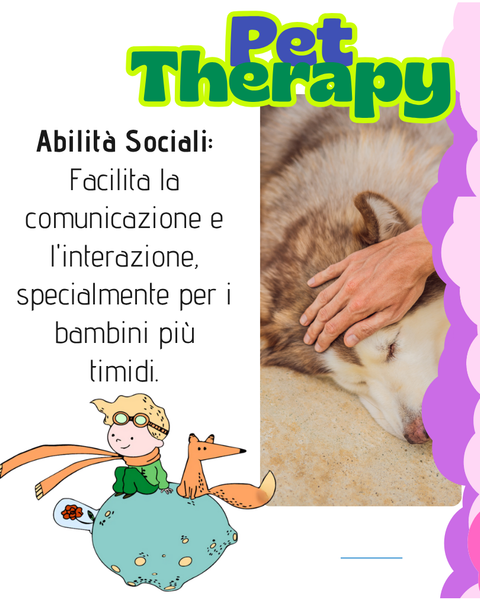 Immagine promozionale per la Pet Therapy, che mostra una persona che accarezza un cane. Il testo recita: