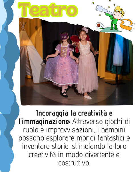 Due bambine in costume si esibiscono su un palco, promuovendo il teatro per bambini. Il testo seguente evidenzia i benefici della creatività e dell'immaginazione.