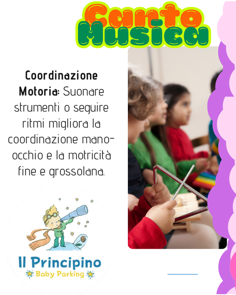 Bambini che suonano strumenti musicali; testo che promuove i benefici della musica per le capacità motorie e la coordinazione presso