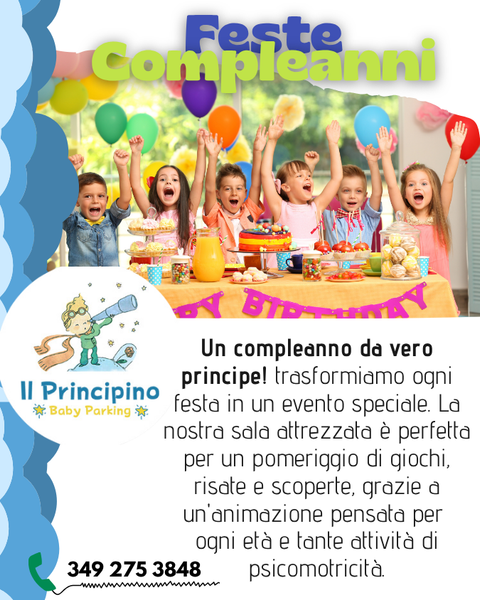 Pubblicità per feste di compleanno per bambini. I bambini festeggiano seduti a tavola con una torta, palloncini e un bambino sorridente. Il baby parking