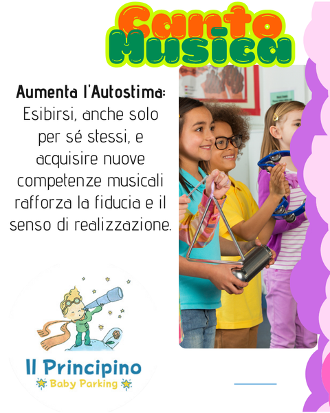 Bambini che tengono in mano degli strumenti; testo che promuove lezioni di canto e musica, rafforzando l'autostima. Logo