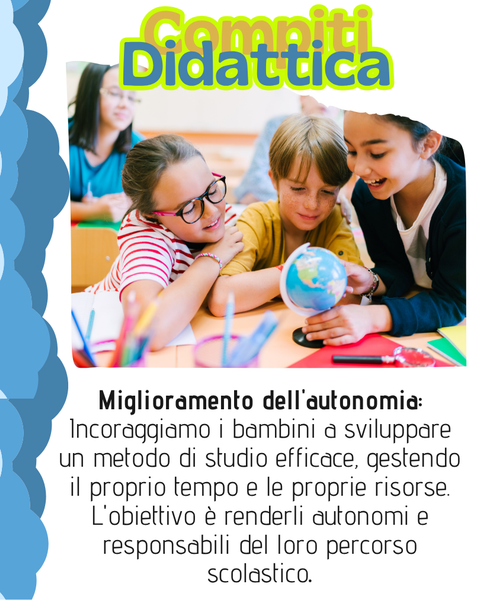 Bambini che guardano un mappamondo con un testo su come migliorare l'autonomia e su metodi di studio efficaci.