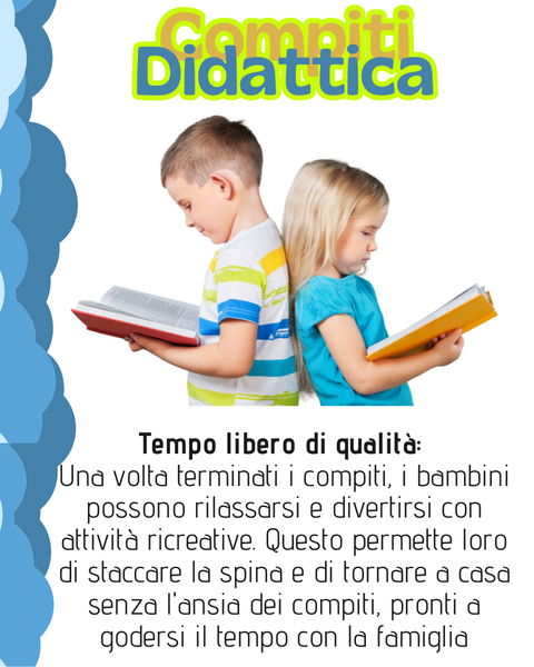 La lettura di libri e testi da parte dei bambini favorisce il tempo libero di qualità dopo i compiti, con attività per rilassarsi e trascorrere del tempo in famiglia.