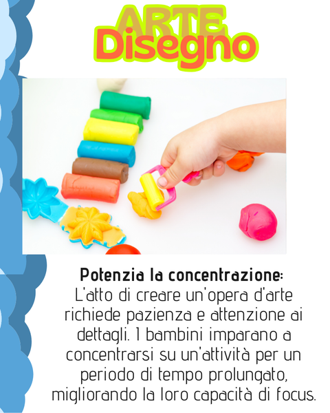 La mano di un bambino che usa uno strumento per modellare l'argilla colorata, con un testo che afferma che l'arte migliora la concentrazione e l'attenzione.
