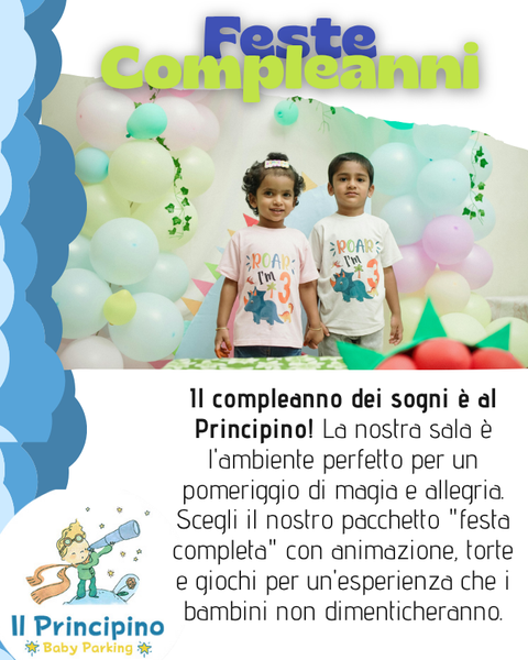 Pubblicità per feste di compleanno per bambini. Due bambini con magliette a forma di dinosauro sono in piedi vicino a un tavolo. Sullo sfondo, palloncini.