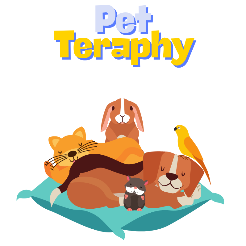 Illustrazione di Pet Therapy: gatto, coniglio, cane, criceto e canarino sorridenti su un cuscino blu, con la scritta