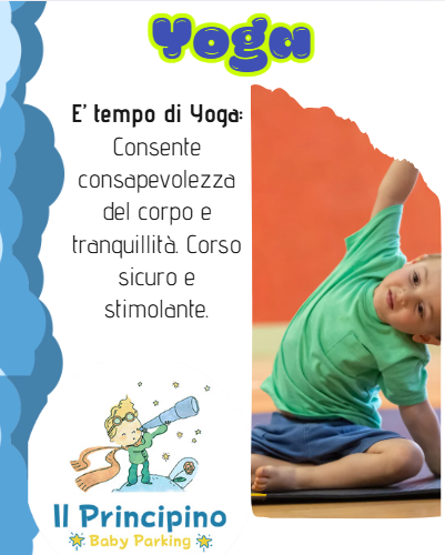 Manifesto promozionale di corsi di yoga per bambini. Un bambino esegue una posizione yoga. Il testo recita