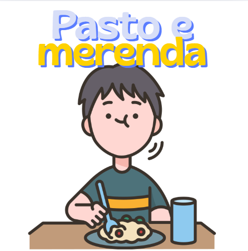 Personaggio dei cartoni animati che mangia a un tavolo; testo