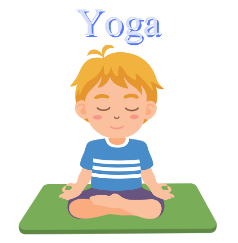 Un ragazzino biondo, con una maglietta blu e pantaloncini corti, medita su un tappetino da yoga verde. Sopra di lui c'è la parola