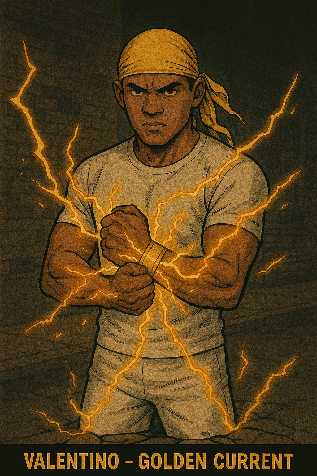 Valentino stands charged with golden electric energy.