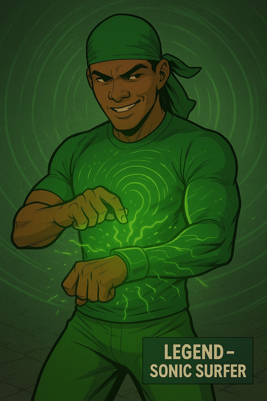 Legend in green emits sonic waves with confident smile.