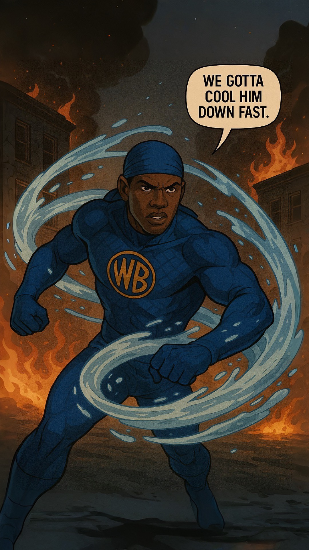 Hero in blue WB suit summoning water amid firestorm.