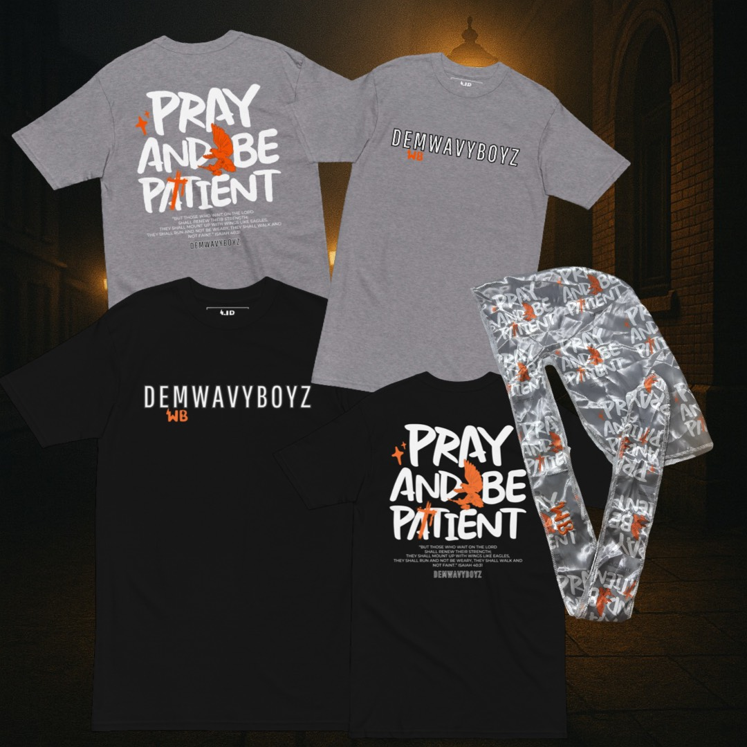 DemWavyBoyz “Pray and Be Patient” tees and durag in black and grey.