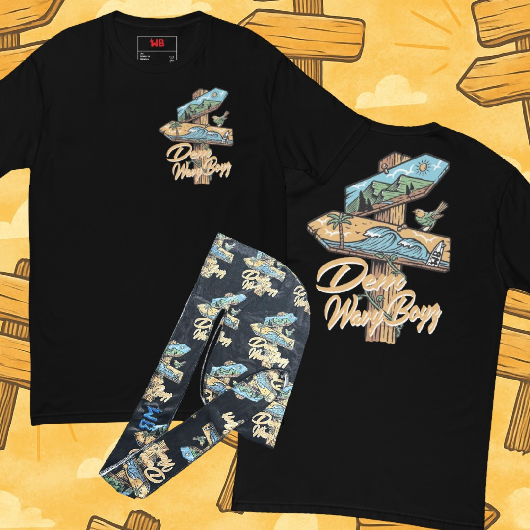 Black DemWavyBoyz tee and durag with tropical signpost design.