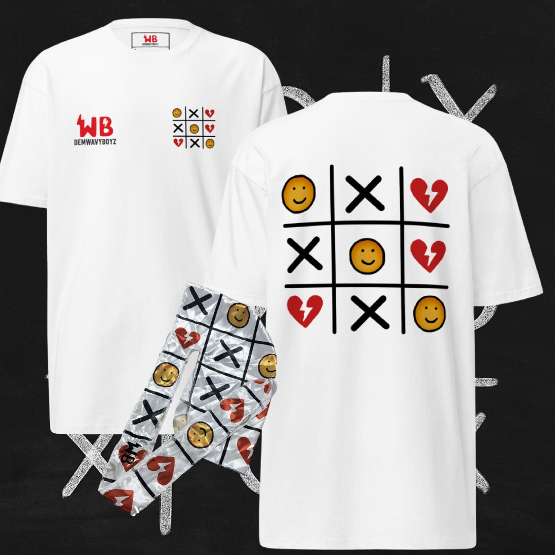 White DemWavyBoyz tic-tac-toe tee and durag with emoji graphics.