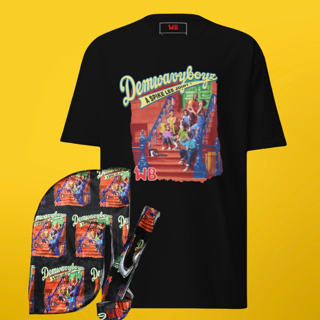 Black tee w/ “Dem Wavy Boyz: A Spike Lee Joint” + matching durag set.