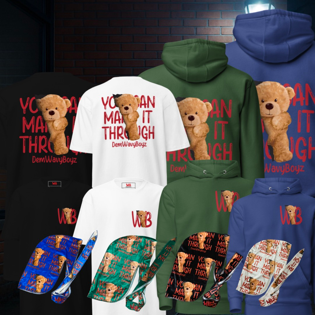 Teddy bear-themed DemWavyBoyz hoodies, tees, and durags display.