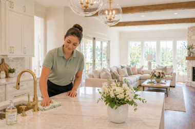 Woman wiping a bright marble kitchen island with flowers and a gold faucet nearby