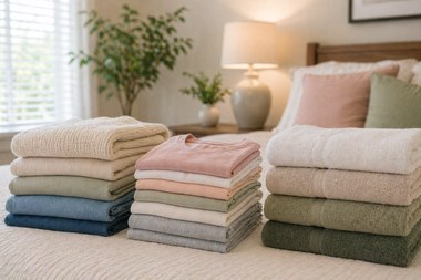 Stacks of folded pastel towels on a bed in a softly lit bedroom