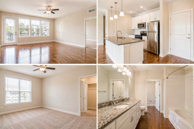 Bright empty apartment collage showing living room, kitchen, bedroom, and bathroom with hardwood floors and white cabinets