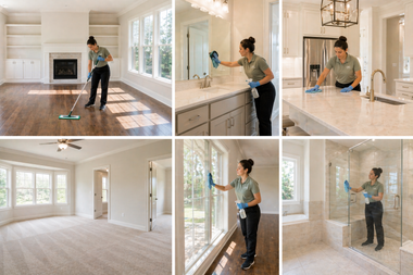Person cleaning a bright empty living room, mopping floors and wiping windows and counters