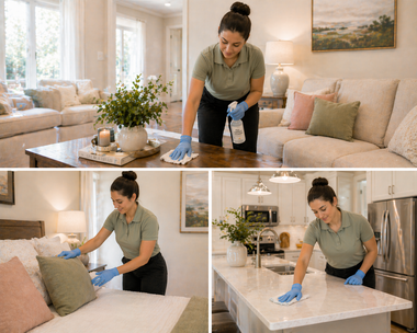 Woman in blue gloves cleaning a beige sofa and white coffee table in a bright living room.