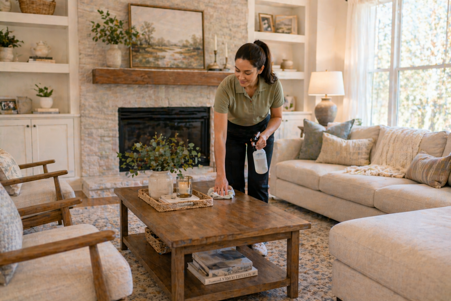 Woman tidying a cozy living room with a fireplace, beige sofa, and wooden coffee table