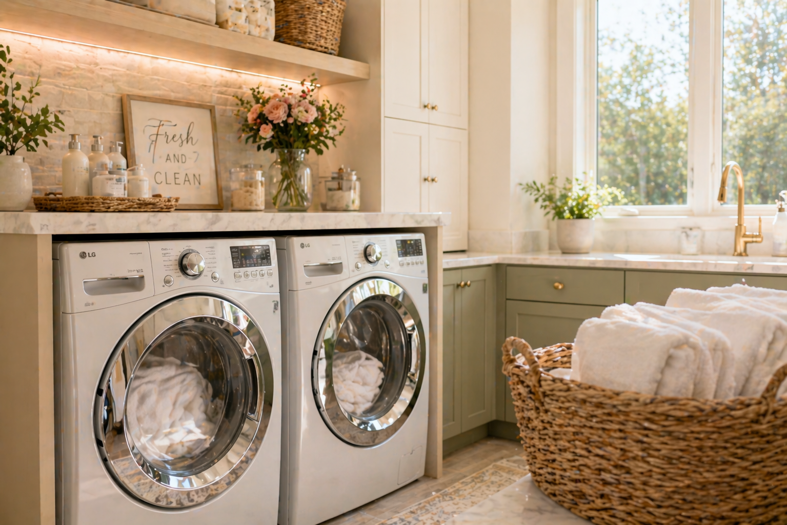 Bright laundry room with white washer and dryer, wicker basket of folded towels, and sunlit window.
