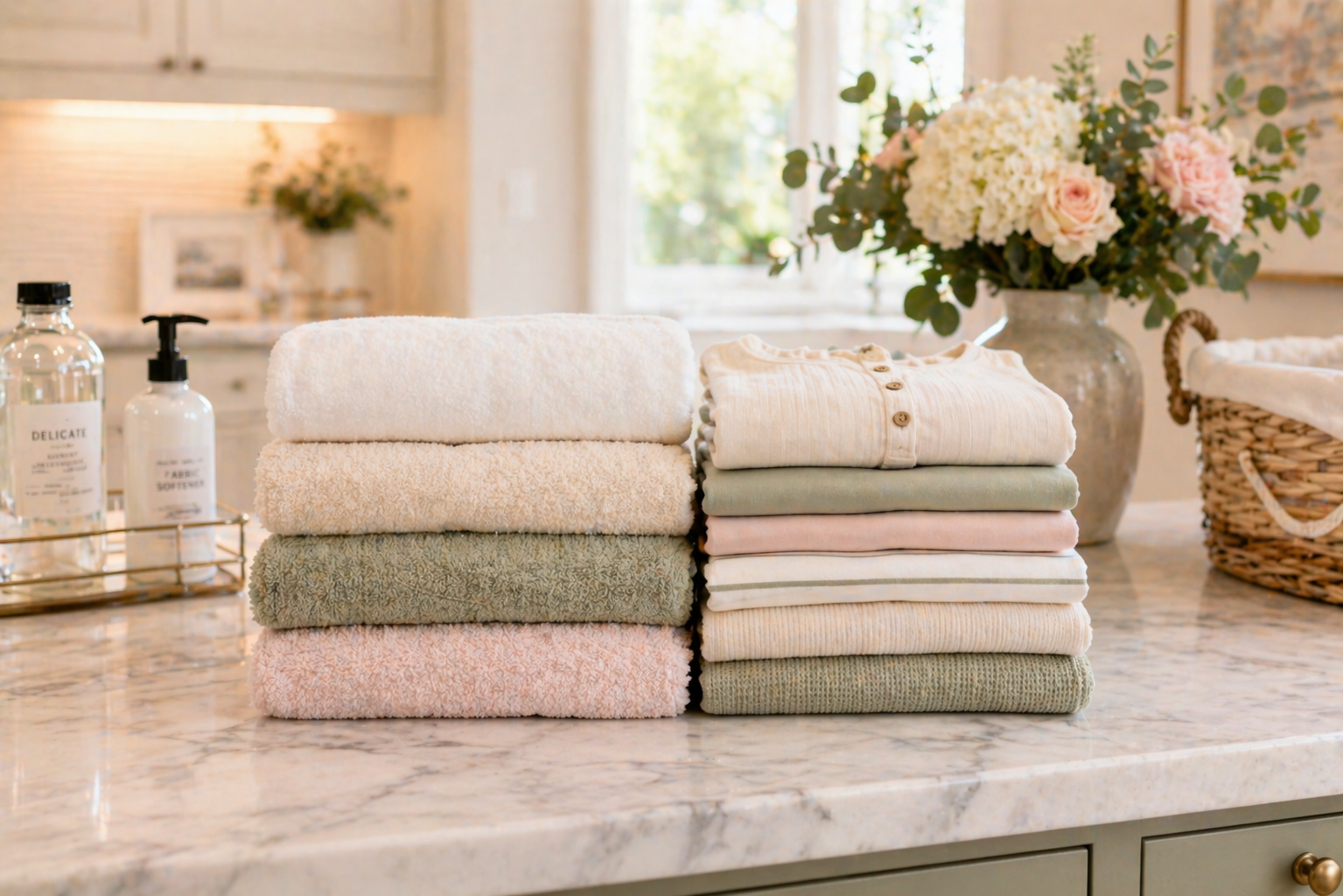 Stacked pastel towels on a bathroom counter with lotion bottles and a flower arrangement
