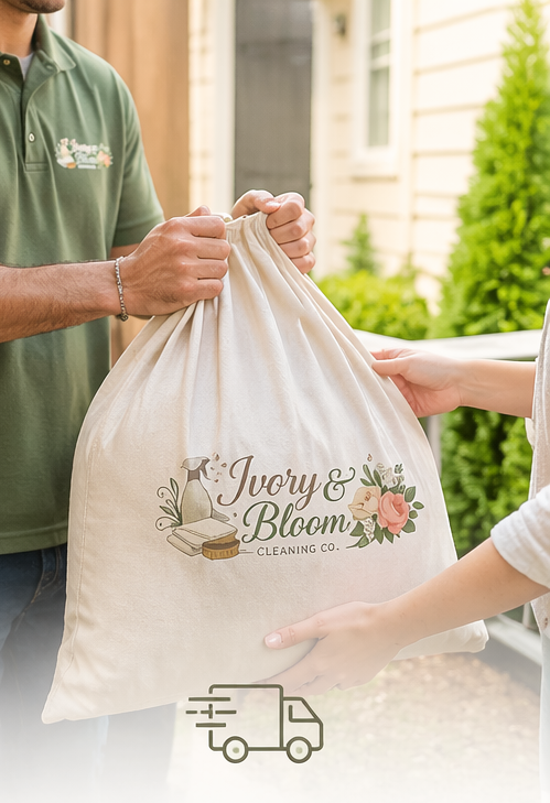 Laundry service ad showing wash and dry, fluff and fold, and pickup and delivery with clean linens.