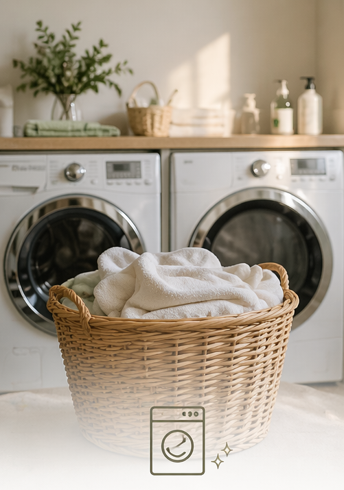 Laundry basket of towels in front of two front-loading washers in a bright laundry room