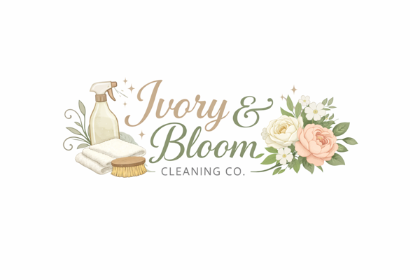 Ivory & Bloom Cleaning Co. logo with a cream cat, gold accents, flowers, and cleaning supplies