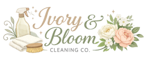 Ivory & Bloom Cleaning Co. logo with spray bottle, towels, brush, and flowers in ivory and blush tones