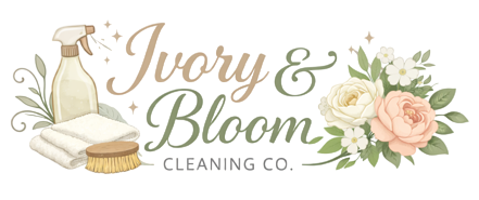 Ivory & Bloom Cleaning Co. logo with spray bottle, towels, brush, and flowers in ivory and blush tones