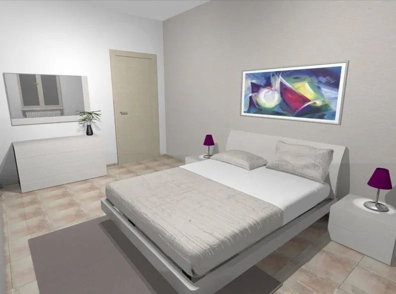 Camera da letto con letto, comodini, opere d'arte e cassettiera. Toni neutri e design moderno.