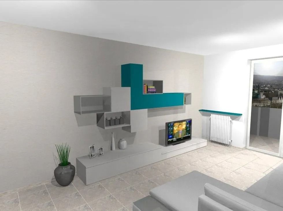 Soggiorno moderno con pareti bianche, una scaffalatura turchese e grigia e una TV a schermo piatto.